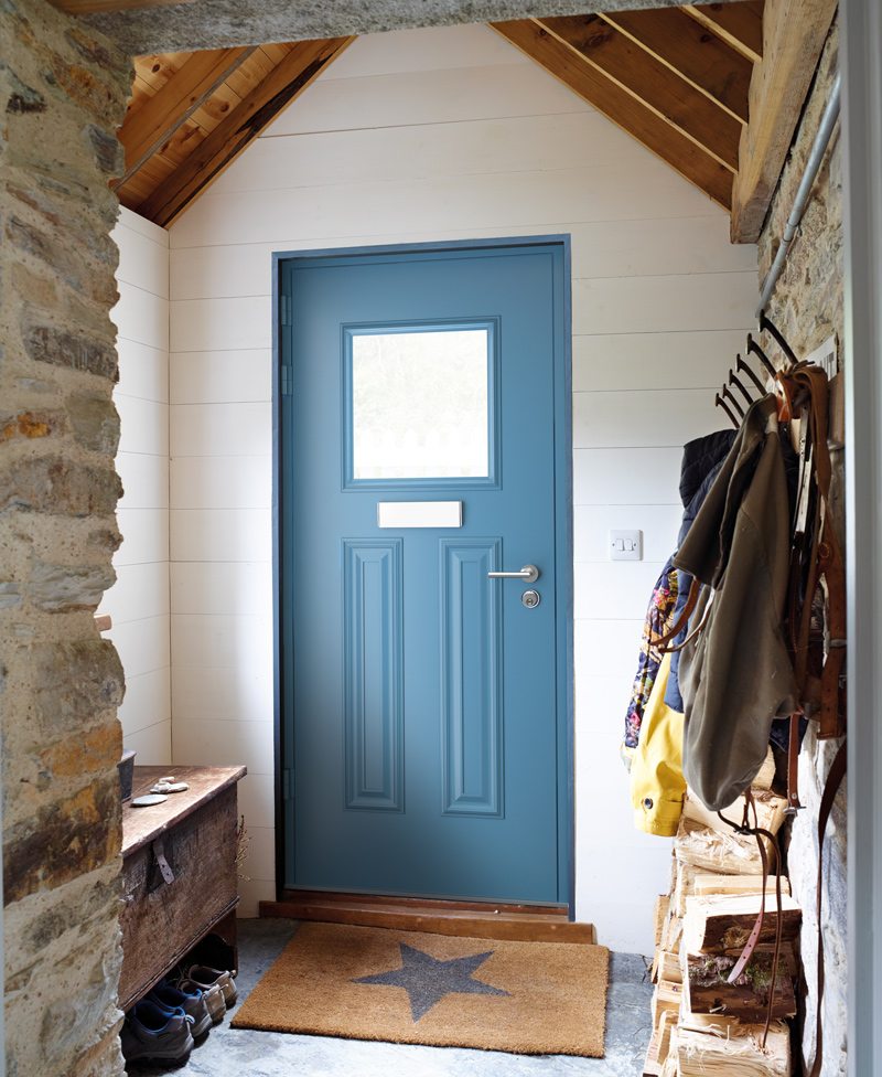 Energy efficient turquoise aluminium and double glazed front door