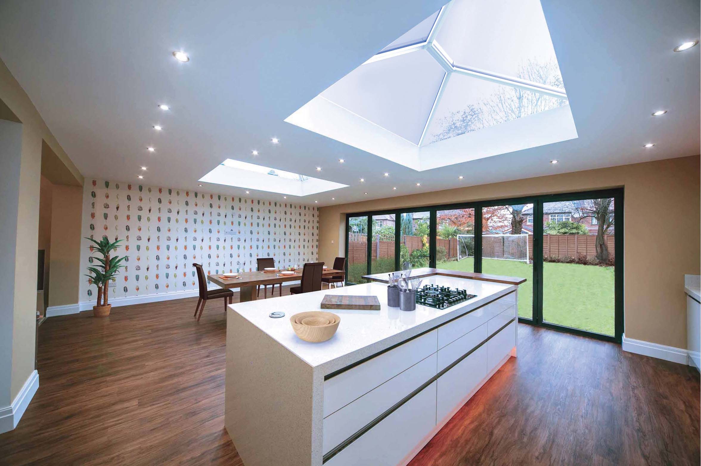 white lantern roofs above a kitchen in Hampshire